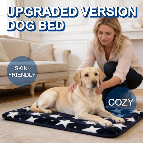 Washable Dog Bed Mat With Anti-Slip Bottom, Deluxe Plush Memory Foam Crate Pad & Waterproof Outdoor Kennel Mat For Dogs & Cats-Durable Crates Beds, Large Medium Small Puppy Size 30" x 20",Blue - color: Blue-Star, size: Upgraded M（30" L x 20" W x 1.5" Th）