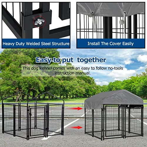 PayLessHere Welded Wire Dog Kennel Heavy Duty Playpen Included a Roof & Water-Resistant Cover Outdoor Heavy Duty Galvanized Metal Animal Pet Enclosure for Outside (4 x 4 x 4.3 Ft) - size: 47.0"L x 47.0"W x 53.0"H