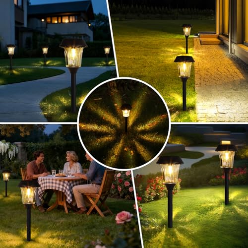 Solar Pathway Lights Outdoor 4 Pack, Stainless Steel & Glass Solar Garden Lights, Auto Dusk to Dawn IP65 Waterproof LED Path Lights for Yard, Lawn, Walkway, Driveway - color: Black