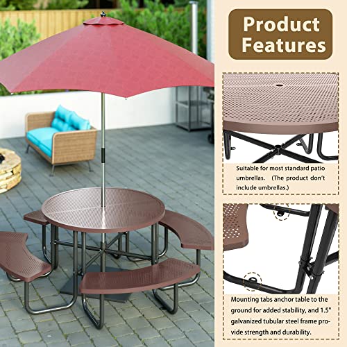 46-inch Brown Round Outdoor Picnic Table with Umbrella Hole - Heavy Duty Coated Steel Metal Patio Dining Set for Garden, Courtyard, BBQ & Commercial Use - color: Coffee-round