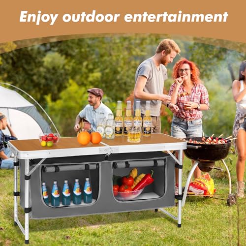 Camp Field Camping Folding Aluminum Table with Adjustable Legs for Outdoor Travel Beach, Backyards, BBQ, Party and Picnic Foldable Table - color: Bamboo