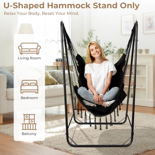 Hammock Stand for Multiple Hammock, Heavy-Duty Steel Hanging Chair Stand for Indoor & Outdoor, Solid Support & Stable Base, 220 lbs Capacity, Easy Assembly, U-Shaped Stand Only - Black - color: Black, size: Stand Only
