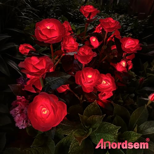 Anordsem Solar Garden Lights Outdoor: 10 Waterproof Fabric Roses 2 Pack - Red LED Flower Decorations for Yard Patio Path Cemetery Grave - Mother 's Day Gift for Her Women Mom Wife - color: Red, size: 2 Pack (LED luminous white)