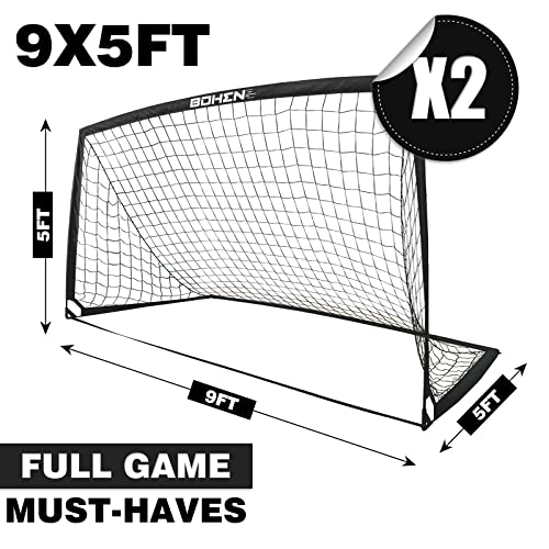 BOHEN 9x5 FT Kids Soccer Goals with Carry Bag, Portable Folding Soccer Net for Backyard Training, Indoor/Outdoor Use for Youth and Adult - color: Black, size: 9x5ft, 2 Pack
