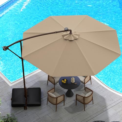 Tangkula 10FT Offset Patio Umbrella with Base Included, Outdoor Cantilever Umbrella with 40 Solar LED Lights, Tilt Adjustment, Crank Handle, Vented Top, Sand Bags for Pool Yard Deck (Tan) - color: Tan