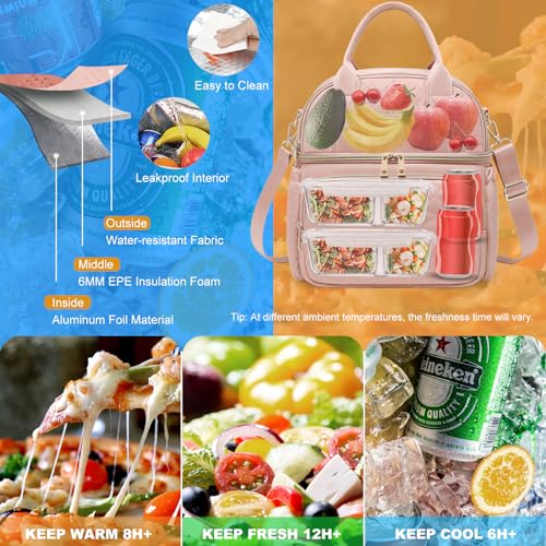 AIJIEKE Large Insulated Lunch Bag for Women, Double Compartment Leakproof Lunch Box for Work Office, Reusable Cooler Tote with Adjustable Strap & Side Pockets for Adults Picnic Beach, Pink - color: Pink