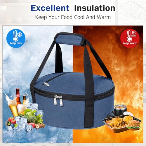 Round Insulated Casserole Carrier – 12" Portable Pie Carrier Bag for Hot or Cold Food, Leakproof Thermal Lunch Tote with Handle for Parties Picnic & Travel - Navy Blue - color: Navy Blue, size: Single