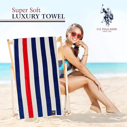 U.S. Polo Assn. Oversized (40” x 70”) Striped Nautical Design Beach Towel - Luxury Plush Cotton Hotel Quality for Bath, Pool - Cabana Stripe Navy/Red - color: Cabana Stripe Navy/Red, size: 40" x 70"