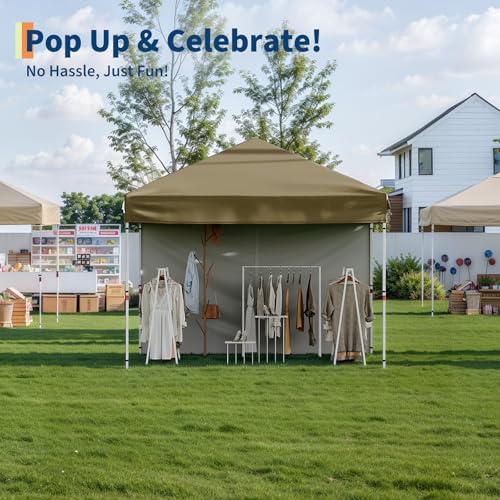 10x10 Pop Up Canopy with 3 Sidewalls - Easy Up Camping Tent with One Button Push Setup - 1 Roller Bag, 3 Adjustable Height, 4 Weight Bags for Deck, Garden, Sports, Beach, Party - Brown - color: Brown, size: 10x10