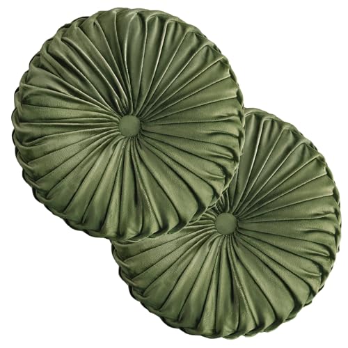 Teieas 2 Pcs Round Throw Pillows Decorative Pumpkin Velvet Boho Pleated Bed Pillows Back Support for Couch Chair Dorm Car 14.96'' (Olive) - color: Olive