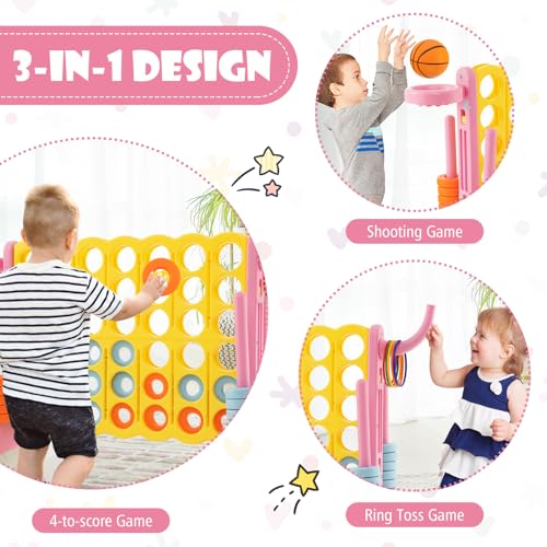 Costzon Giant 4-in-A-Row, Jumbo 4-to-Score Giant Game w/Basketball Hoop, Ring Toss, Quick-Release Slider, 42 Jumbo Rings, Indoor Outdoor Family Connect Game for Kids & Adults, Backyard Games - color: Yellow/Pink
