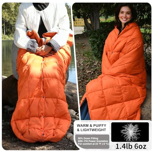 Down Camping Blanket - Lightweight, Packable, Warm & Puffy Outdoor Travel Quilt for Sleep, Hiking, Backpacking, Stadium, Festivals, Water-Resistant Sleeping Bag 55"x79" - color: Sunset Orange, size: 1LB 6OZ / 79" x 55"