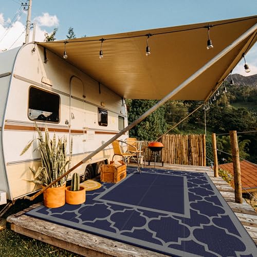 GENIMO 10 ' x 14 ' Outdoor Rug Waterproof for Patio Decor, Foldable Reversible Plastic Straw Area Rugs Mat for Camper, Outside Carpet for Rv, Deck, Porch, Picnic, Beach, Balcony, Blue & Grey - color: Blue & Grey, size: 10' x 14' (Rectangular)