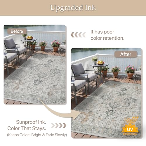 GENIMO Outdoor & Indoor Area Rug 5'x8', Waterproof, Non-Shedding, Easy Cleaning, Boho Mat for Patio, Living Room, Balcony, Dining Room, RV, Deck, Bedroom, Camping, Outside Carpet,Light Grey Brown - color: Light Grey Brown, size: 5' x 8' (Rectangular)