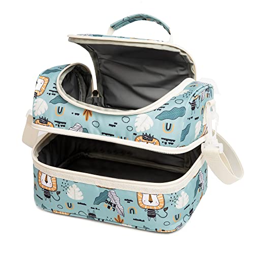 Insulated Kids Double Decker Lunch Bags Tote for Girls Boys Toddler Kindergarten School Picnic Camp Food Cooler Lunch Boxes Thermal with Strap (Lion) - color: Lion