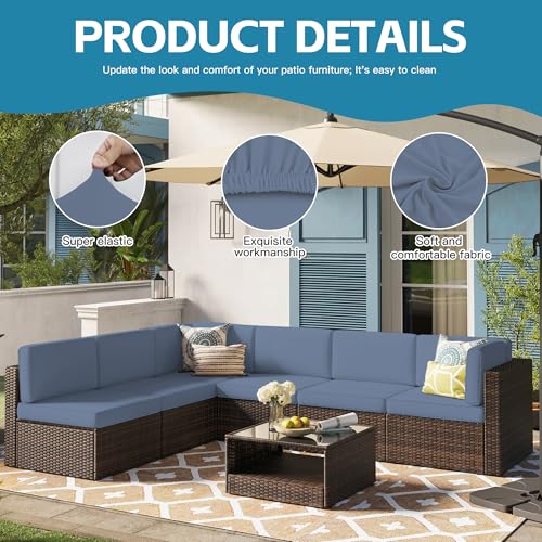14Pcs Outdoor Cushion Covers, Patio Cushion Covers,Stretch Elastic Slipcovers, Replacement Washable & Reusable Furniture Protector for Patio Couch (Gray-Blue,Cover Only) - color: Gray Blue, size: 14Pcs-Solid color