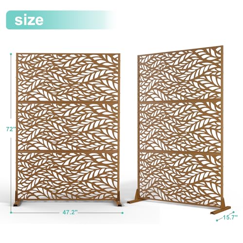 Modern Metal Privacy Screen, Patio Outdoor Privacy Panels with Stand, Freestanding Outdoor Divider for Yard, Deck＆Garden(71.3"*47.3"*15.7") - color: Brown,Flowleaf
