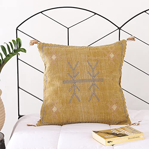 Labhanshi Mustard Color Cactus Silk Pillow, Rustic Throw Pillow, Embroidered Cushion Cover, Linen Cushion, Handmade Sabra Moroccan Decor Pillow 20x20