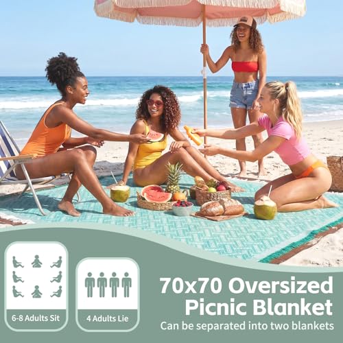 2 in 1 Extra Large Boho Beach Blanket Towel Giant Woven Outdoor Picnic Mat Camping Gear Cruise Essential 2025 Summer Vacation Must Have Airplane Travel Accessories Costa Rica Bahamas Hawaii Trip Stuff - color: Teal, size: 70''*70''