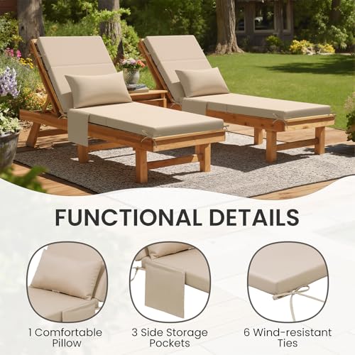 Crestlive Products Foldable Outdoor Chaise Lounge Cushions with Head Pillow and Side Pockets, Water Resistant & Fade Resistant Lounge Chair Cushion, 72" L x 21" W, Beige - color: Beige, size: 72"l X 21"w