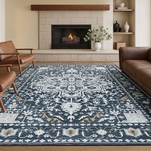 Rugflix 8x10 Area Rugs for Living Room, Washable Rug, Soft Low Pile Carpet, Non-Slip, Stain Resistant, Vintage Area Rug, Navy Blue Rug for Bedroom, Dining Room, Home Office - color: Navy Blue, size: 8' x 10' (Rectangular)