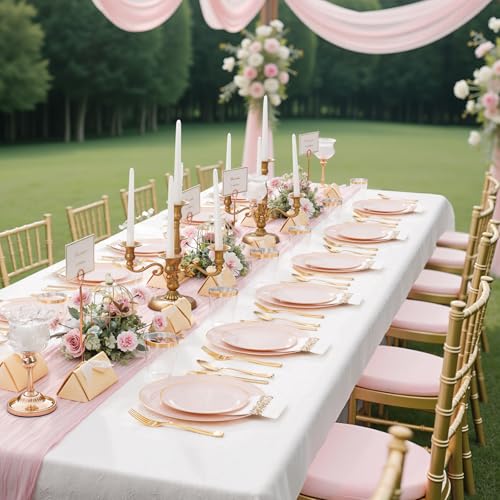 Supernal 350pcs Pink Plastic Plates,Plates Disposable Heavy Duty,Pink Disposable Plastic Dinnerware Set Include 50 Dinner Plate,50 Dessert Plate,50 Gold Cutlery,50 Cups&50 Napkins for Party&Wedding - color: 350pcs Pink and Gold Plastic Dinnerware Set