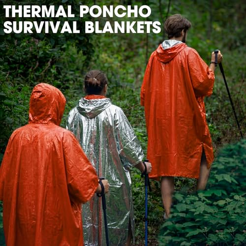 Tellegloww Emergency Ponchos with Polyester Film Blanket Liner Waterproof Windproof Thermal Survival Blanket Rain Ponchos - color: Orange