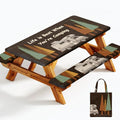 Picnic Table Cover with Bench Covers Elastic Edges, Outdoor Patio Camping Essentials 72 Inch 3PCS, Waterproof Camping Fitted Tablecloth with Handbags (Life is Best When You're Camping) - color: Wooden Camping Trailer