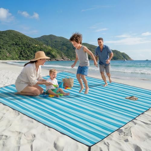 OIGAE 7x7ft Sandproof Beach Blanket - Large Waterproof Picnic Mat for 3-4 People, Lightweight Sand Free Mat for Summer Vacation with 6 Stakes & 4 Corner Pockets for Beach, Camping, Festivals - color: Blue Wave Stripes, size: 7x7 Ft (2～4 person)