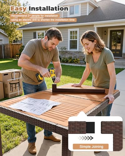 Flamaker 7 Piece Patio Dining Set Outdoor Acacia Wood Table and Chairs with Soft Cushions Wicker Patio Furniture for Deck, Backyard, Garden (Brown) - color: Brown, size: 7 Piece