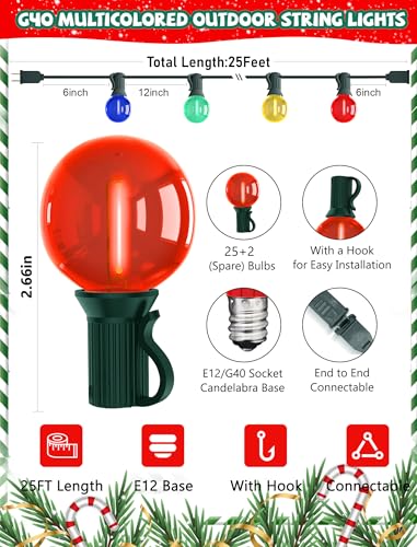 25Ft LED Christmas Outdoor String Lights, G40 Globe Lights with 27 0.6W Clear Multicolor Bulbs, Vintage Christmas Lights for Holiday Party Backyard Wedding Garden Patio Porch Decor, Green Wire - color: Clear Multicolor, size: 25Ft