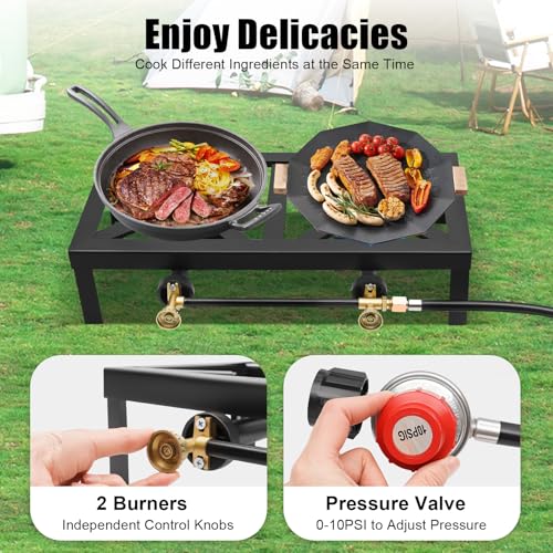 Portable Double Burner Propane Camp Stove, Cast Iron Outdoor Gas Cooker with 0–10 PSI Adjustable Regulator & Hose, 2 Burner Tabletop Stove for Camping, Tailgating, Patio Cooking