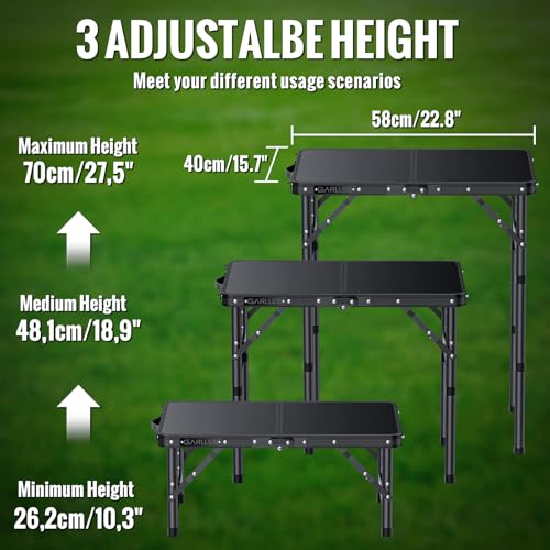 GARLLEN 2ft Folding Camping Table, 3 Adjustable Height Lightweight Folded Picnic Table, Portable Aluminum Grill Table for Camping, BBQ, Outdoor, 22.8" L x 15.7" W, Black - color: Black, size: Tabletop Size: 22.8"L x 15.7"W