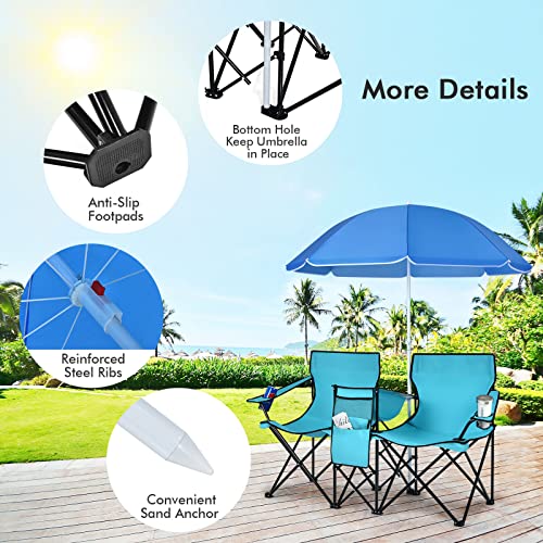 LUARANE Folding Double Camping Chair, Outdoor Picnic Chairs w/Removable Umbrella, Mini Table, Cup Holder & Carrying Bag, Portable Camping Loveseat for Patio, Pool, Lawn, Beach, Park (Turquoise) - color: Turquoise