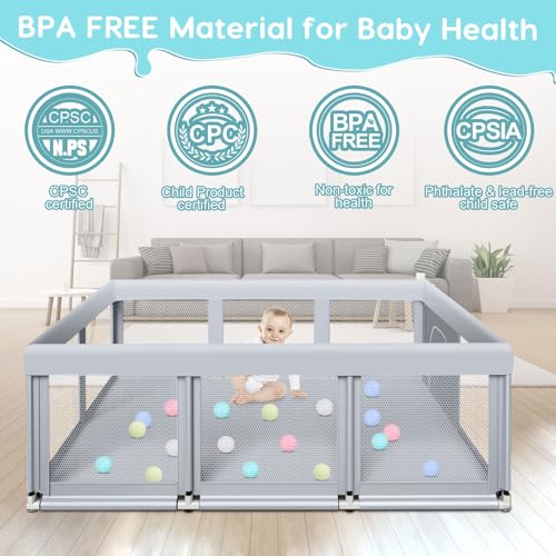 Fshibila 74" ×50" Large Baby Playpen, Baby Playard for Babies and Toddlers, PlayPen for Indoor & Outdoor, Sturdy Safety Play Yard with Soft Breathable Mesh, Anti-Fall, Ball x 18, Handle x 2, Grey - color: Grey, size: 74 × 50 Inch + handle&ball