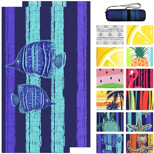 Bnuitland Stripy-Blue Fishes Pattern Beach Towel (35X75 inches), Oversized Quick Drying Absorbent Sand Free, Lightweight Towels for Travel Swimming Pool Picnic, 88% Polyester and 12% Polyamide, Blue - color: Fish Blue