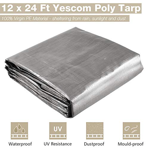 Yescom 12x24FT 14-Mil Plastic Tarp Waterproof Heavy Duty Tarpaulin with Eyelets Reversible Tear Resistant Shade Canopy Boat Pickup Truck Bed Cover - color: 14mil-1pc-silver, size: 12X24 Ft