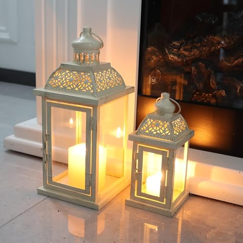 Large Lantern Decorative Outdoor & Indoor, Set of 2 (14’’&10’’) Metal Candle Lanterns Decor, Vintage Hanging Candle Holder for Front Porch Patio Wedding Farmhouse Home, Spring Decoration - color: Begie / 14.4’’h + 9.8’’h