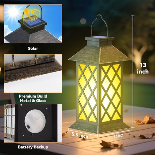 2 Pack 13" Solar Lanterns with Flickering Flame Candle, Outdoor Waterproof Hanging Lantern Lights Metal & Glass for Patio, Pathway, Garden Decorative, Gifts for Mom - style: Bronze-Cross01