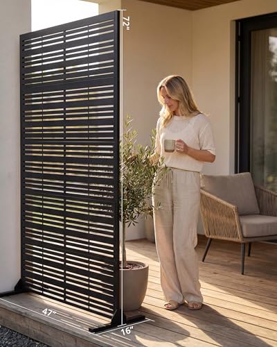 Outdoor Privacy Screen 72" H x 47" W | 37lb Heavy-Duty Metal Fence Panel, Matte Black | Freestanding with Expansion Anchors for Patio, Balcony, Pool, Deck — Modern Slatted Design - color: Matte Black