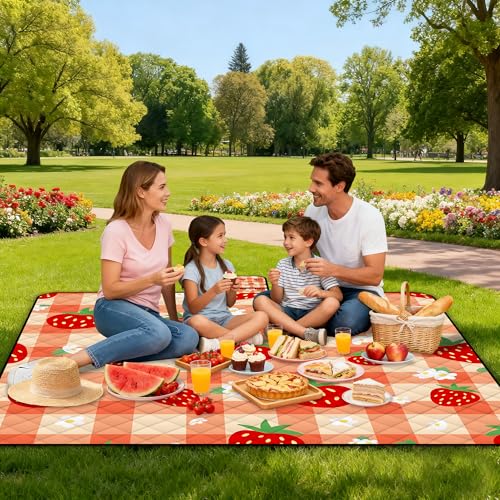 Extra Large Picnic Blanket Waterproof,80"x 80"Foldable Machine Washable Beach Blanket,Outdoor Blanket for 6-8 Adults,Suitable for Indoor Crawling,Park Beach,Camping,Hiking,Family Travel(Orange) - color: Orange Strawberries, size: 6'8" x 6'8" (Square)