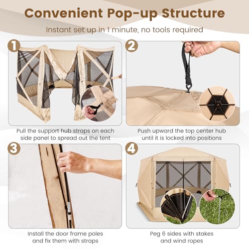 Tangkula 11.5x11.5 Ft Pop Up Gazebo with Netting, Portable Screen Tent with 6 Sided Mesh Walls, 2 Sunshade Cloths, Outdoor Instant Canopy Shelter with Carry Bag for Camping, Lawn, Backyard - color: Coffee, size: 11.5x11.5 Ft