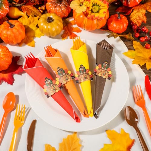Roshtia 40 Set Pre Rolled Thanksgiving Plastic Silverware Set Disposable Dinnerware Essentials Cutlery Orange Brown 40 Napkins, 40 Knifes, 40 Spoons, 40 Forks, 40 Turkey Napkin Ring for Fall Parties
