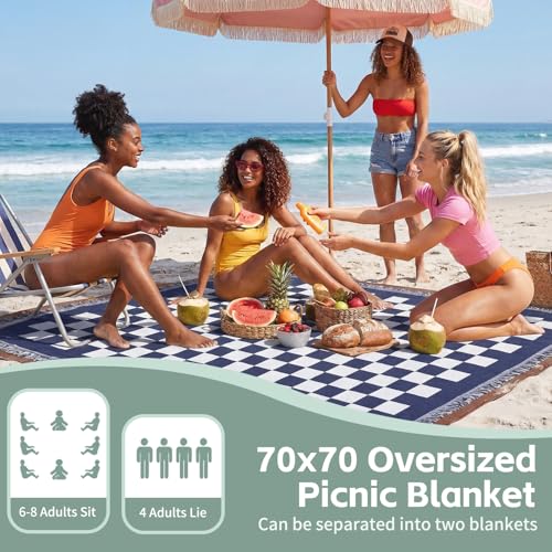 2 in 1 Extra Large Boho Beach Blanket Towel Giant Woven Outdoor Picnic Mat Camping Gear Cruise Essential 2025 Summer Vacation Must Have Airplane Travel Accessories Costa Rica Bahamas Hawaii Trip Stuff - color: Checkered Blue