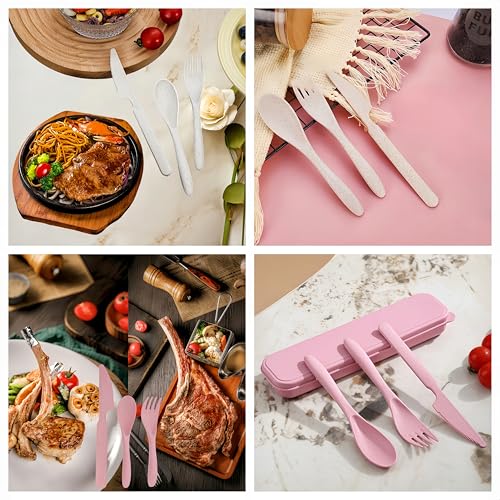 10 Set Reusable Travel Utensils Set with Case,Wheat Straw Travel Cutlery Set Portable Knife Fork Spoons Tableware Picnic Silverware for Party, Picnic, Camping, Kitchen, Camping-Beige&Pink - color: Beige&Pink