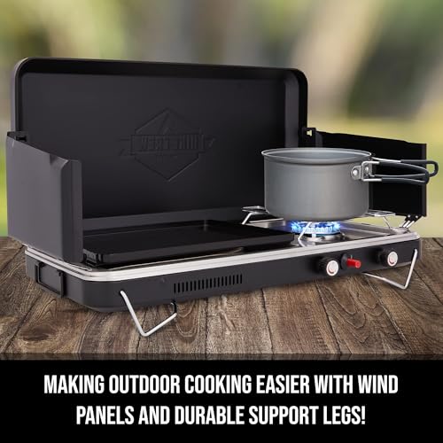 Hike Crew 2-in-1 Gas Camping Stove and Griddle, Portable Propane Burner w/Integrated Igniter & Stainless Drip Tray | Built-in Carrying Handle, Foldable Legs & Wind Panels | Includes Regulator - color: Black