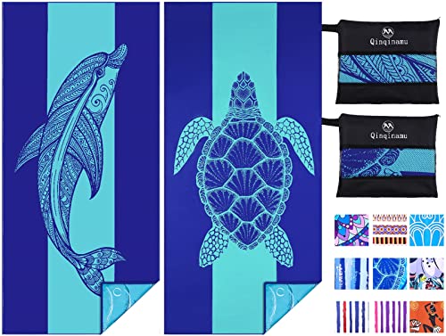 2 Pack Microfiber Lightweight Beach Towel 71"x32" Oversized Extra Large Thin Sand Free Towels Travel Swim Pool Yoga Gym Camping for Adults Women Men Beach Essentials Accessories Vacation Gift - color: Turtle Dolphin