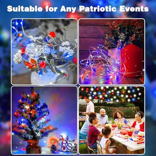 4th of July Decoration Lights, 3 Pack Red White and Blue Fairy Lights Battery Operated with Remote & Timer, Waterproof Patriotic Light Indoor Outdoor 8 Modes for Independence Day Anniversary Memorial - color: Red & White & Blue, size: 3 Pack 80led