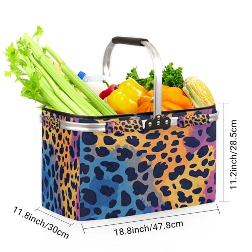 Colorful Leopard Printed Picnic Basket Large Collapsible Market Baskets Portable Reuasble Shopping Bags with Handles for Camping Beach Travel - color: Pink