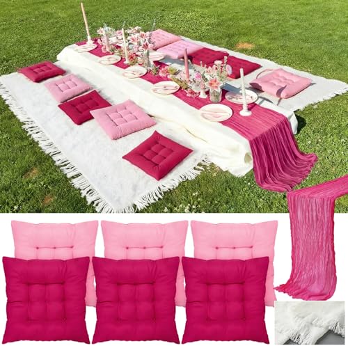 Extra Large Outdoor Picnic Blanket with Table Runner and Floor Pillow Cushion for Picnic Wedding Birthday Baby Shower Backyard Decor(91 x 71'',Rose Red,8 Pcs) - color: Rose Red